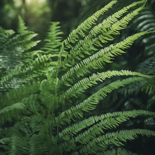 Detaillierte Pinselstriche aus grünen Farnen und Wedeln erzeugen ein exotisches Dschungelgefühl.