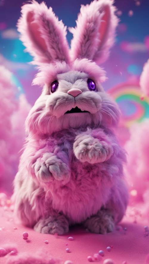 Một con quái vật thỏ bông với bộ lông màu cầu vồng và đôi mắt màu tím lấp lánh, nhảy qua những đám mây màu hồng bong bóng.