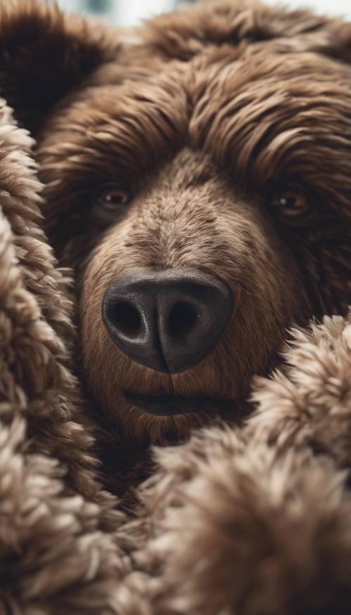 Una alfombra de textura mullida de color marrón oscuro con diseño de oso.