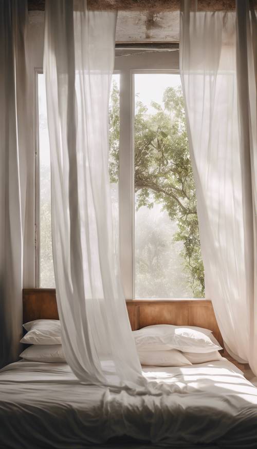 Una camera da letto minimalista con biancheria bianca drappeggiata su un letto a baldacchino in legno e la luce del sole che filtra attraverso tende bianche trasparenti.