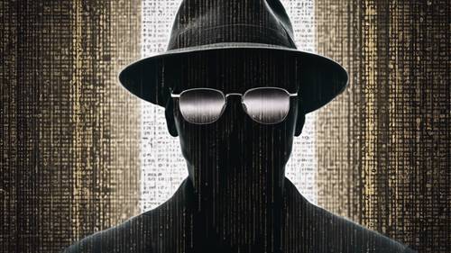 A silhueta de um hacker disfarçado usando um chapéu de feltro, com código binário em cascata refletido em seus óculos escuros. Papel de parede [0adb5992721d4720a346]