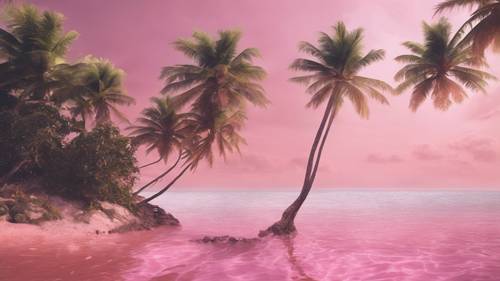 一个超现实的热带岛屿，完全被粉红色和玫瑰色所笼罩。