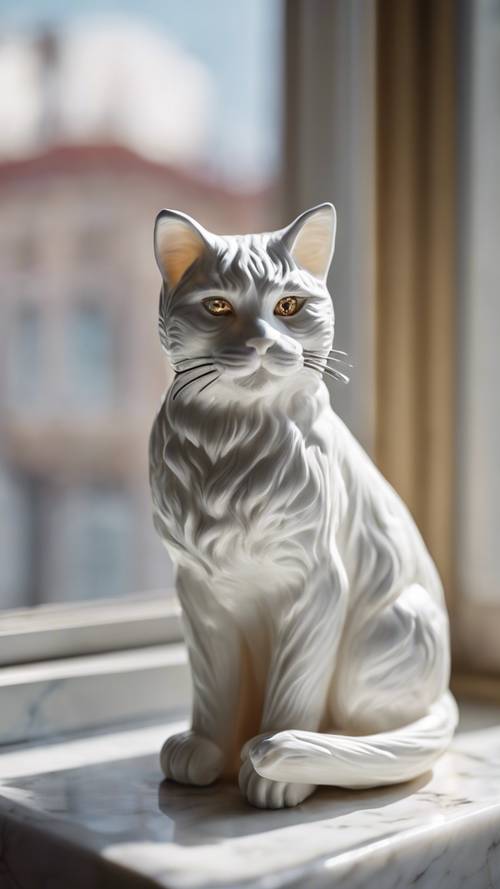 一幅细节丰富、栩栩如生的白色大理石猫雕塑，坐在窗台上