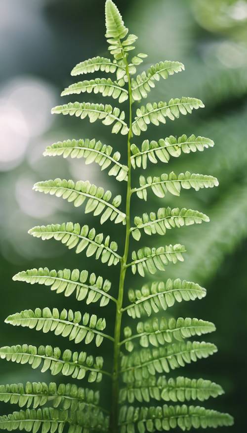 A beautiful fern leaf displaying the fresh hues of green with tiny white flowers blooming in between.