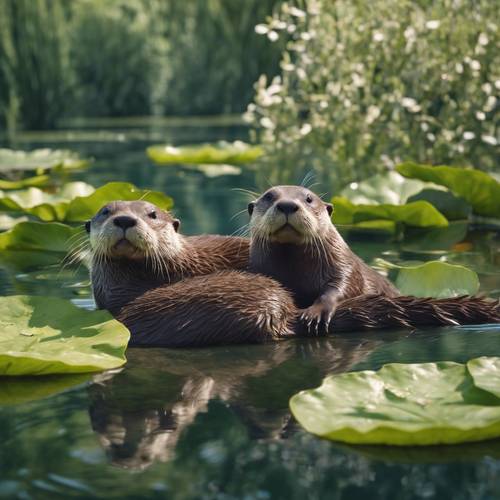 Uma família de lontras flutuando preguiçosamente de costas à beira de um lago claro e cheio de nenúfares, sob a sombra de salgueiros-chorões.