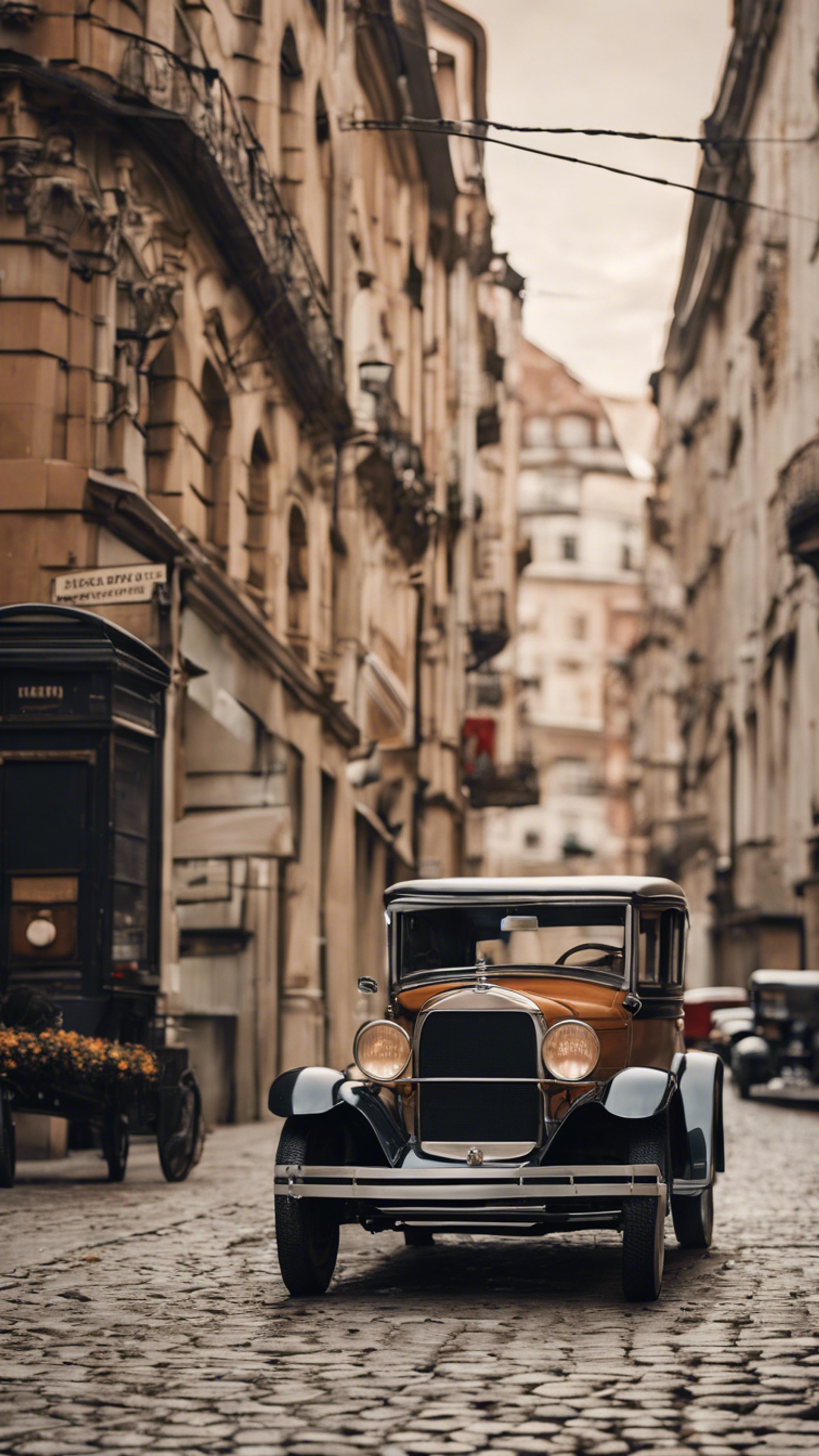 A nostalgic cityscape in the 1920s with classic cars and cobblestone streets. Tapetai[d252acda6f644acf85b4]
