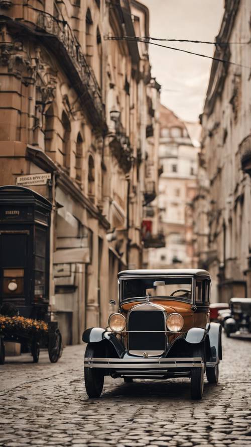 A nostalgic cityscape in the 1920s with classic cars and cobblestone streets.