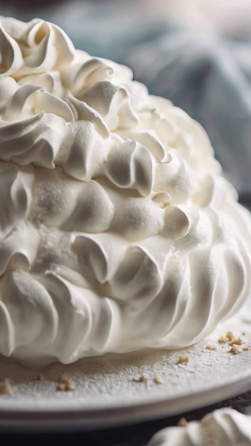 A detailed close-up of a dish filled with whipped cream, focusing on the light airy texture.