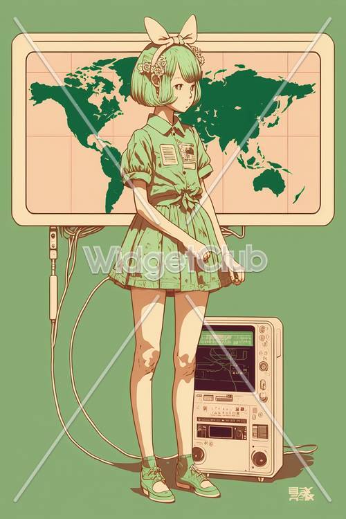 Hình minh họa cô gái khoa học viễn tưởng có chủ đề màu xanh lá cây mát mẻ