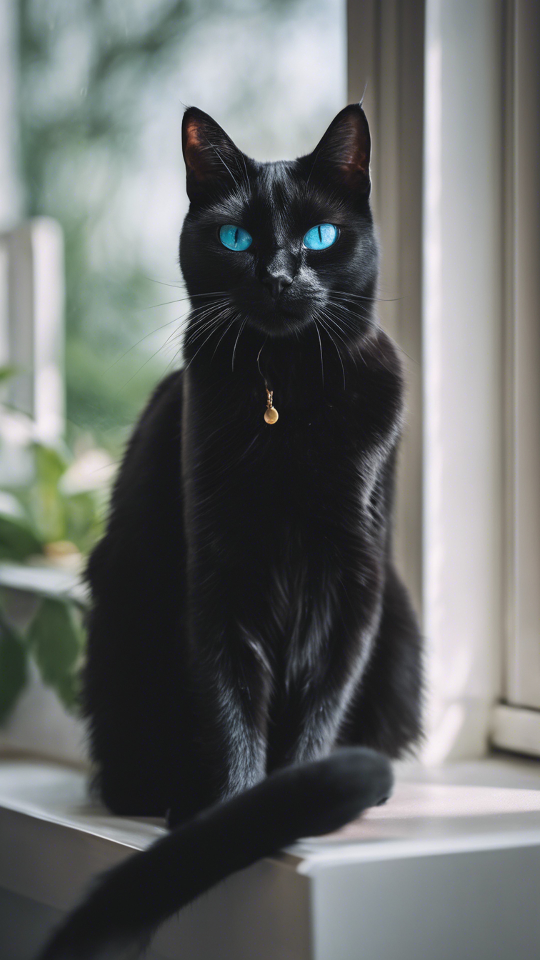 A black cat with piercing aqua eyes sitting serenely on a white windowsill. Wallpaper[8e423f1aedee46d7bd19]
