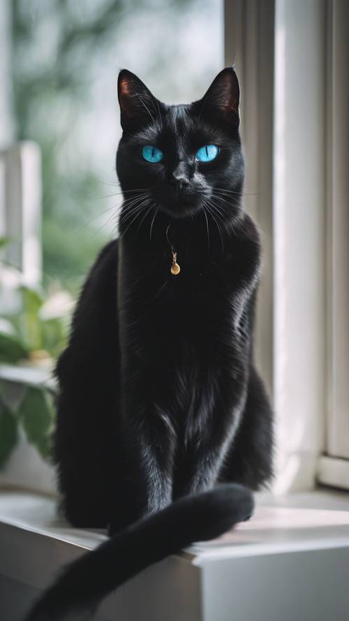 Un chat noir aux yeux bleus perçants assis sereinement sur un rebord de fenêtre blanc.