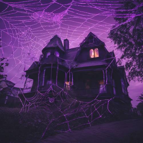 Neonviolette Spinnennetze breiten sich über ein gruseliges Haus aus.“
