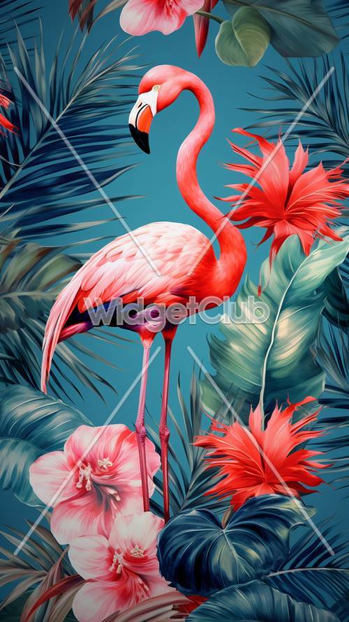 Tropical Flamingo and Bright Flowers