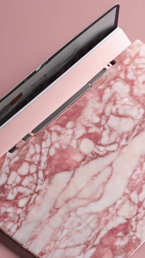 光滑的笔记本电脑外壳上有粉色大理石图案。