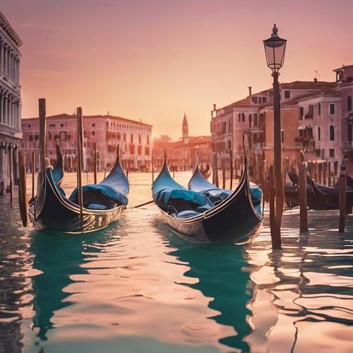 Gondola Venesia ditampilkan dalam warna pastel lembut melawan matahari terbenam yang romantis.