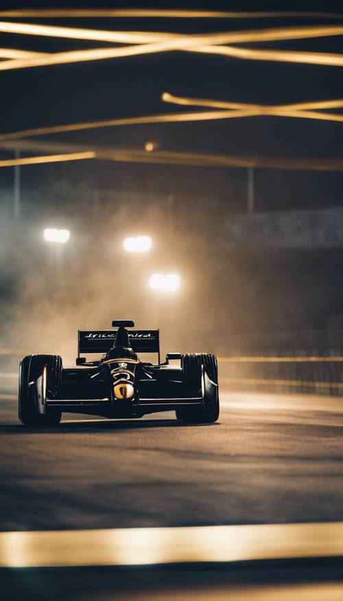 Une élégante voiture de course noire avec des rayures dorées frappantes qui dévale une piste de nuit.