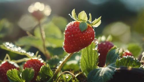 צמח תות עדין עם תותים בשלים, פרחים פורחים וטיפות טל נוצצות באור השמש של הבוקר.
