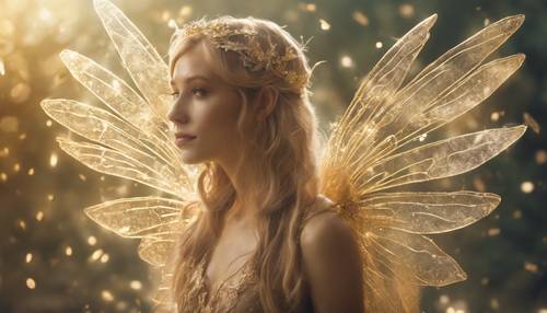 A fantasy fairy with light gold wings spreading magic dust.