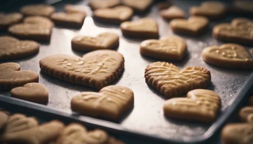 Uma cozinha aconchegante e caseira com biscoitos recém-assados ​​em formato de coração esfriando em uma assadeira.
