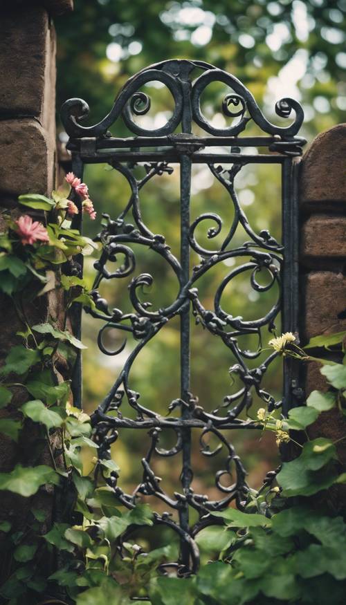 Una vite ricoperta di fiori che si attorciglia attorno ad un vecchio cancello in ghisa. Sfondo [64a2221ed8f241af8aa2]