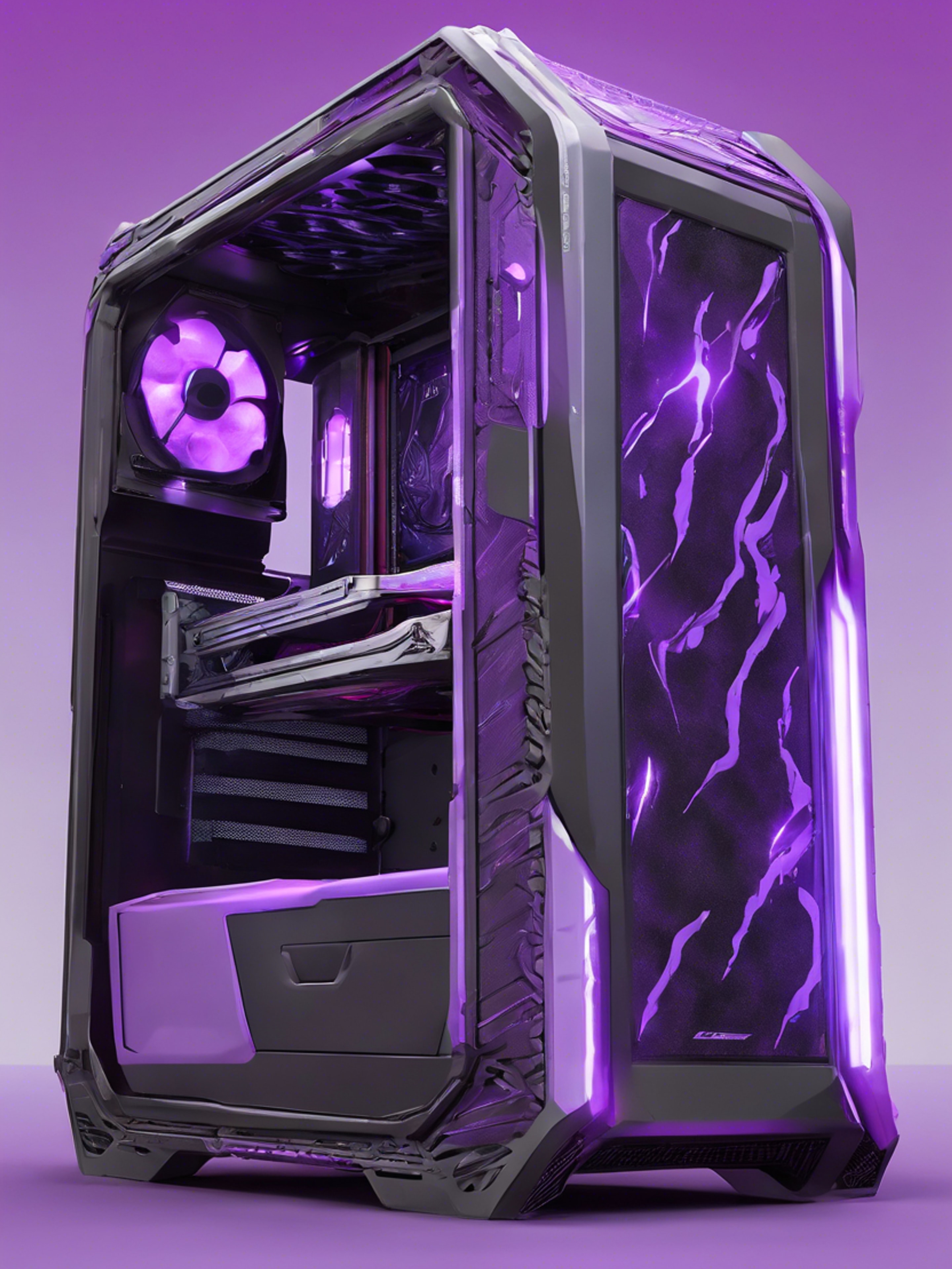 A side view of a thunderous gaming rig covered in custom neon purple detailing under cool lighting. Тапет[cca71b66ee6840febbf4]