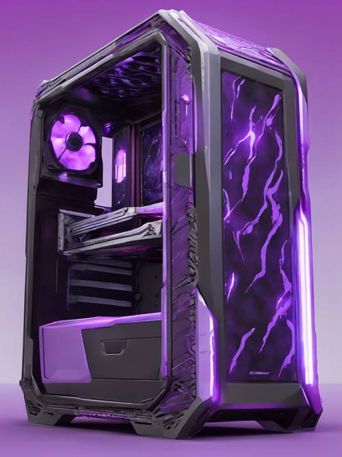 Tampilan samping dari rig gaming menggelegar yang dilapisi dengan detail ungu neon khusus di bawah pencahayaan sejuk.