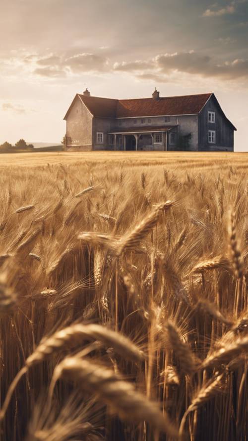 Une scène apaisante d&#39;une ferme de campagne au milieu de champs de blé doré.