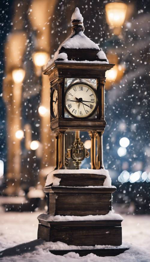 An archaic clock in a snowy town square striking midnight, signaling the eerie arrival of Christmas day.