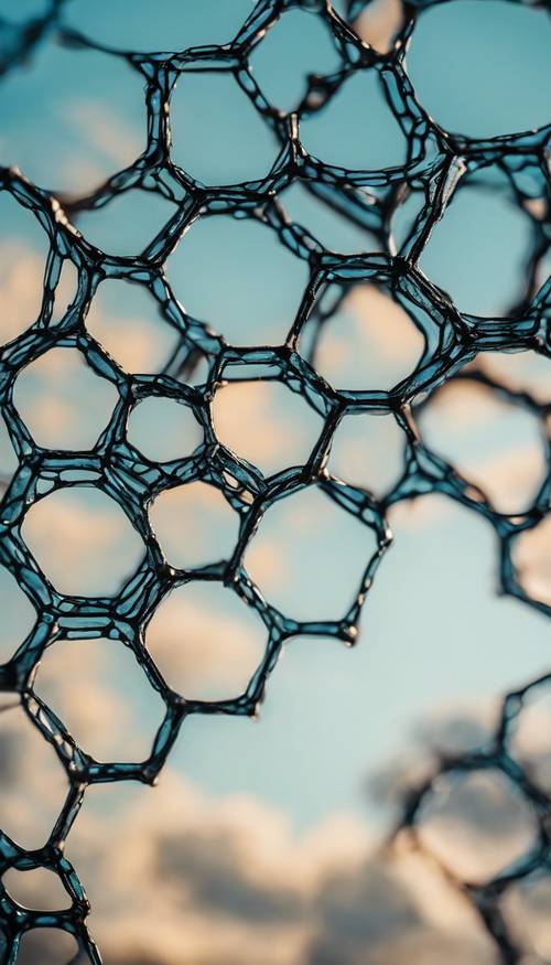 View of a black honeycomb contrasting against a sky blue backdrop.