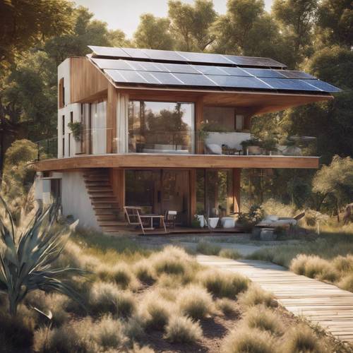 Une maison autonome alimentée à l’énergie solaire dans une communauté de vie durable.
