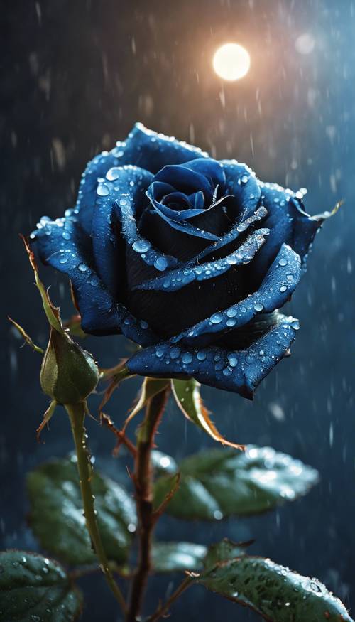 ภาพระยะใกล้ของดอกกุหลาบสีดำที่มีหยดน้ำค้างสีน้ำเงิน