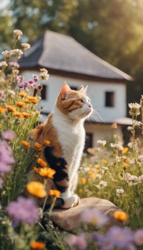 Encantadora casa de campo en una extensión de flores silvestres con un feliz gato calicó retozando cerca.