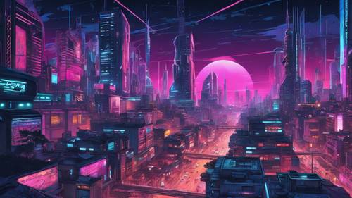 A bird's-eye view of a cyberpunk city under a starry night sky.