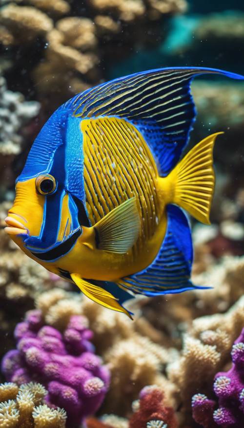A majestic angelfish gliding peacefully amongst vibrant coral reefs in the clear blue ocean during the daytime.