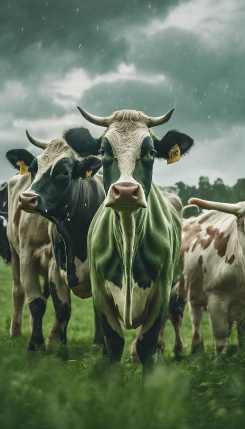 Um rebanho de vacas verde-sálvia fotorrealistas com manchas brancas espalhadas em um pasto verde sob um céu nublado e carregado de chuva.