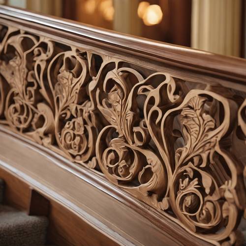 Art nouveau floral motif carved into the scrollwork of a grand staircase's wooden handrail. Tapet [46e11fe12d9d4da29f08]