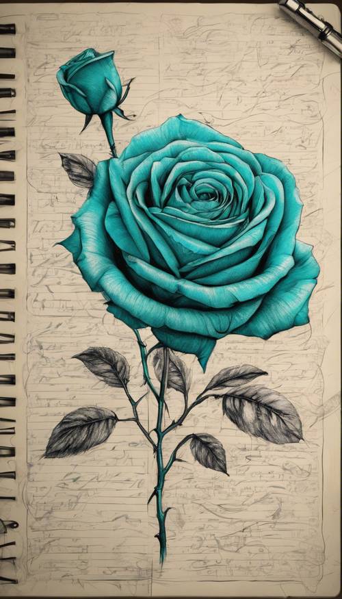 手繪的青色玫瑰草圖，筆記本紙上有複雜的細節。