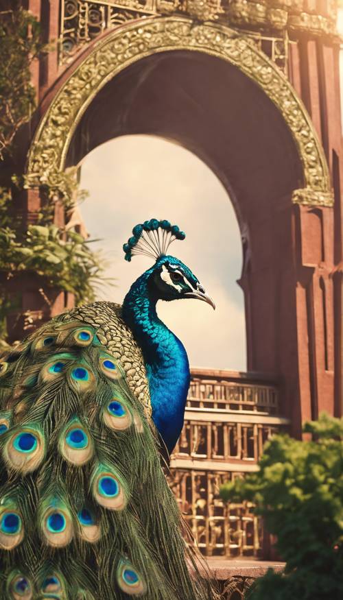 Seekor burung merak hijau kerajaan bertengger di gerbang emas di bawah sinar matahari sore.