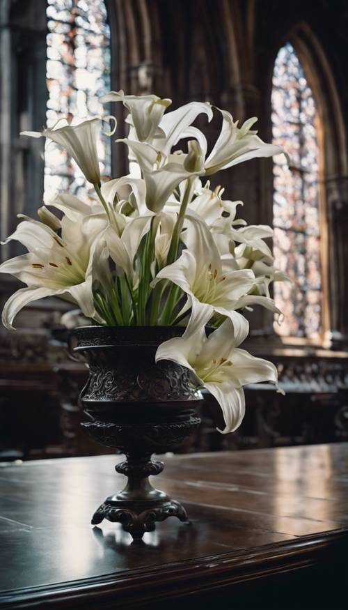 A bouquet of ghostly white lilies resting in a dark, ornate vase against a backdrop of gothic architecture. Tapeta [8431a7f4413d425eaa44]