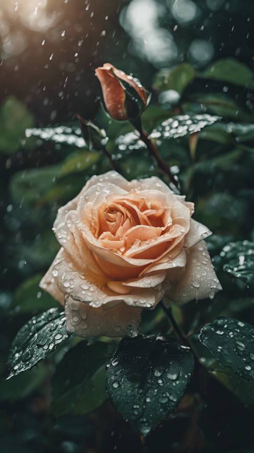 一朵古老的玫瑰，花瓣上有着复杂的细节，周围环绕着深绿色的叶子，接受着雨水的亲吻。