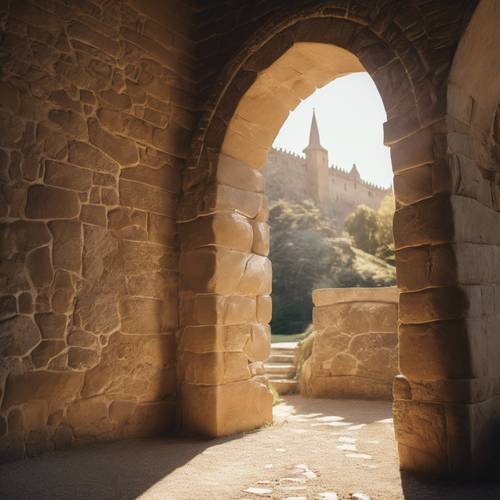 Арка из песчаника в старом замке, сквозь которую струится пятнистый солнечный свет.