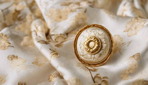 江戸時代のクリーム色の花柄シルク着物にあしらわれた豪華な金のボタン