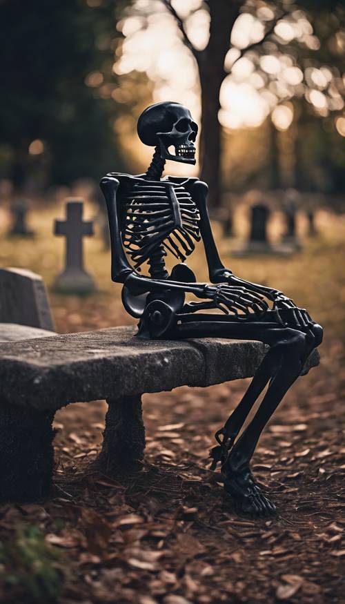 A black skeleton sitting thoughtfully on a stone bench in a graveyard at night.