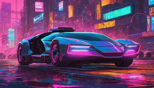 Một chiếc ô tô bay tốc độ cao, kiểu dáng đẹp, lướt qua những con phố nhộn nhịp của một thành phố cyberpunk rộng lớn, ngập tràn ánh đèn neon.