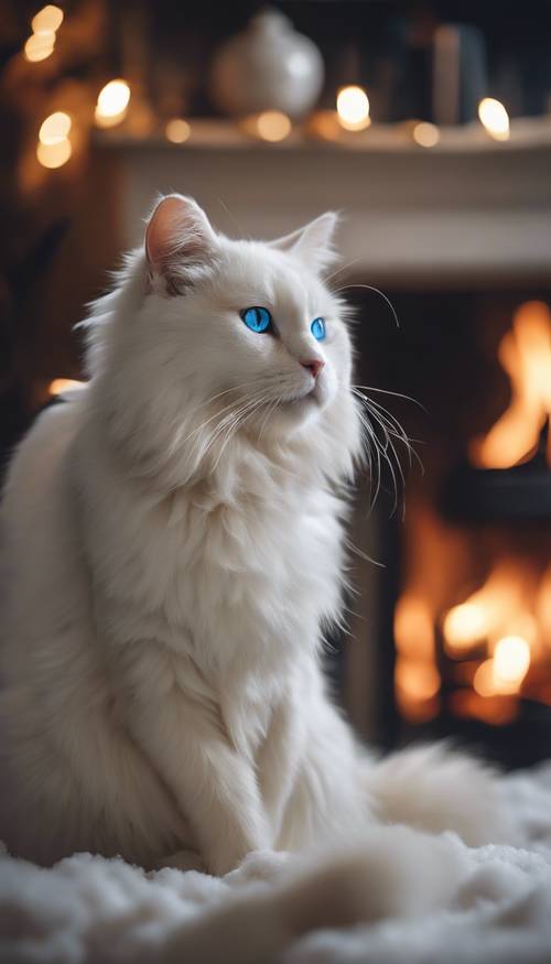 חתול לבן מבוגר ורוך עם עיניים כחולות מרגיעות, יושב בנוחות ליד אח שואגת בערב חורף מושלג.