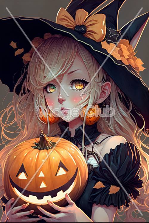 Czarująca Halloweenowa dziewczyna z latarnią z dyni