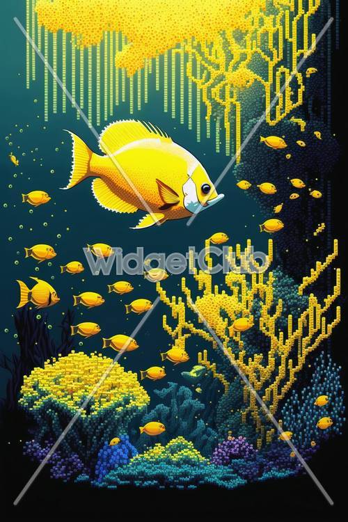 Pesci gialli luminosi che nuotano nelle profondità dell&#39;oceano