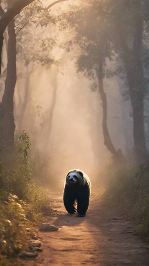 Um urso-preguiça atravessando um caminho estreito na floresta, envolto na névoa encantadora do nascer do sol.