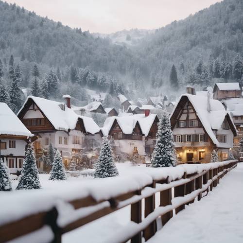 Красивая белая рождественская сцена, уютная деревня, покрытая свежим белым снегом.