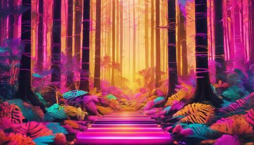 Une affiche inspirée des années 80 représentant une forêt lumineuse et néon.